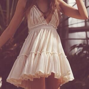 R Vivimos Womens S 4/6 Cream Halter Babydoll Ruffle Fairy Mini Dress Adjustable